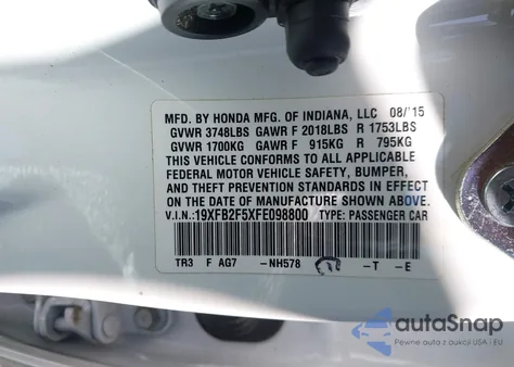 2015 Honda Civic Lx from USA, damaged, VIN 19XFB2F5XFE098800